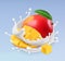 Mango and milk splash. Fruit and yogurt. 3d vector icon