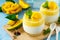 Mango Panna cotta with mango jelly and mint, Italian dessert, homemade cuisine