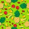 Mango pineapple apple strawberry banana cherry mix fruits with shadow seamless pattern on light green background