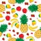 Mango pineapple apple strawberry banana cherry mix fruits with shadow seamless pattern on white background