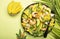 Mango, Shrimps and Avocado Salad with Walnut, Spinach and Arugula. Healthy Eating food concept Top view, lime green background