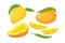 Mango slice, whole with leaf and pieces set isolated on white background. Juice or jam logo element.