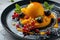 Mango Sphere Dessert, Exquisite Serving Golden Ducky Cake with Apricots, Grapes and Berries