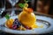 Mango Sphere Dessert, Exquisite Serving Golden Ducky Cake with Apricots, Grapes and Berries