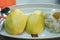 Mango Sticky Rice in a plate on white background