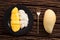 Mango sticky rice still life on wooden background