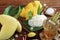 Mango and sticky rice on wooden tray with lemongrass water, Thai fruit, Thai dessert.