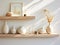 Mango Wood Floating Shelf with Pastel Frames and a Seashell Va - AI Generated