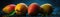 Mangoes With Droplets Standing On Blue Background Wide Panoramic. Generative AI