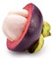 Mangosteen cross-section with white flesh on white background. Clipping path