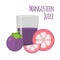 Mangosteen juice set. Whole purple fruit, slices and mangosteen