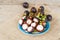 Mangosteen on wood table.