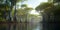 Mangrove forest view, panorama of dark wild jungle and water, generative AI