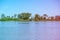 Mangrove trees and other vegetation growing on the edge of Marapendi Lagoon, in Barra da Tijuca, Rio de Janeiro. Colored light lea