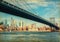 The Manhattan Bridge with Manhattan in the background at the day-time, New York City, United States. Photo in retro style. Added p