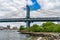 Manhattan Bridge over East River Brooklyn Historical Society DUMBO and waterfront condominium Manhattan New York City Wide angle