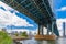 Manhattan Bridge over East River, Manhattan downtown and waterfront condominium Manhattan New York City Wide angle view