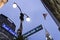 Manhattan city center by night, vintage street lamp New York City, US