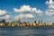 Manhattan Midtown West skyscrapers with clouds in Summer. New York