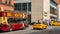 Manhattan, New York City US - April 10, 2019 street corner with a sightseeing tour bus and yellow taxi in Manhattan, NY.