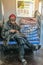 Manhattan, NY US - March 19, 2018 Homeless person sits in a subway car