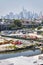 Manhattan seen from Brooklyn industrial neighborhood on a hazy summer day