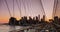 Manhattan skyline with Brooklyn Bridge evening sunset viewed in summer