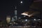 Manhattan skyline at night, New York City, Benches under a canopy