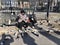 Manhattan street scene: A homeless man is feeding birds and pigeons in New York