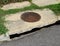 Manhole cover in sidewalk