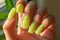 Manicure closeup. Woman yellow nails close-up. Nail care in beauty salon. Spa healthy treatments for female hands. Fashion bright