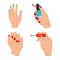 manicure, different female hands with paint nails polish care tool in cartoon style