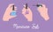 manicure, female hands holds nails polish color, set purple background