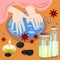 Manicure, hand care. Woman s manicured hands with bowl, bottles and flowers, vector illustration