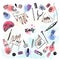 Manicure and pedicure nails set, watercolor stains in doodle style