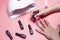 Manicure procedure. Woman Nail Polish. Shellac finger nails