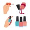 manicure set with female hands nail polishes color tool in cartoon style