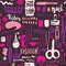 Manicure tools hand drawn vector seamless pattern with lettering and grunge make up items