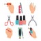 manicure tools icons set, female hands nail polish scissors clipper and cream in cartoon style