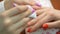 Manicure - Volume floristry on nails. manicurist working closeup.