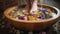 Manicured female feet in spa wooden bowl with flowers and water closeup, generative ai