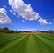 Manicured Mowed Grass on Baseball Field Diamond with Blue Sky and Clouds