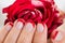 Manicured Nail With Nail Varnish Holding Rose