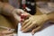 Manicurist applying transparent varnish on little finger nail during final step of her work. Female nail painting.