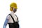 Manikin model operator wear industrial personal safety equipment such as helmet safety mask armband earplug muff glasses back