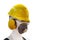 Manikin model operator wear standard industrial personal safety equipment such as helmet safety mask earplug muff glasses back