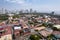 Manila, Philippines - Aerial of the walled city of Intramuros, and distant condos in Ermita district