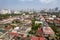 Manila, Philippines - Aerial of the walled city of Intramuros, and distant condos in Ermita district