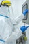 Manila, Philippines - A Medical technician opens a pass box to place a test sample at a cleanroom at a laboratory