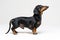 A manipulated image of a very short Dachshund dog puppy, black and tan on isolated on gray background